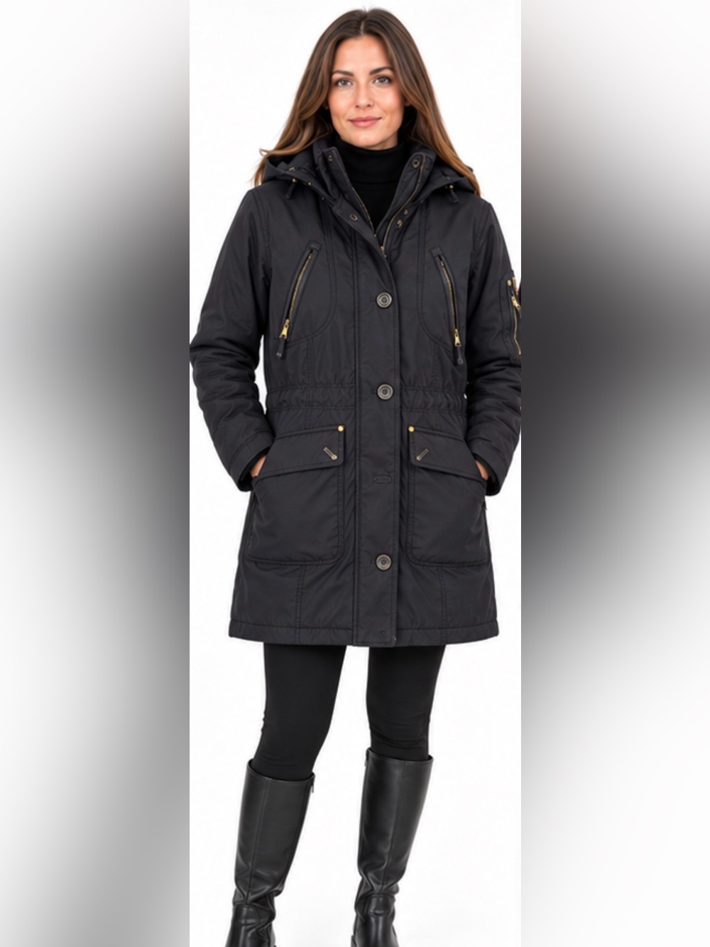 Madison Black Hooded Trench Coat with Gold Accents size M